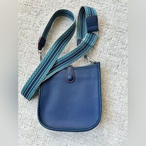Navy Pebbled Crossbody Bag with Striped Webbing Strap